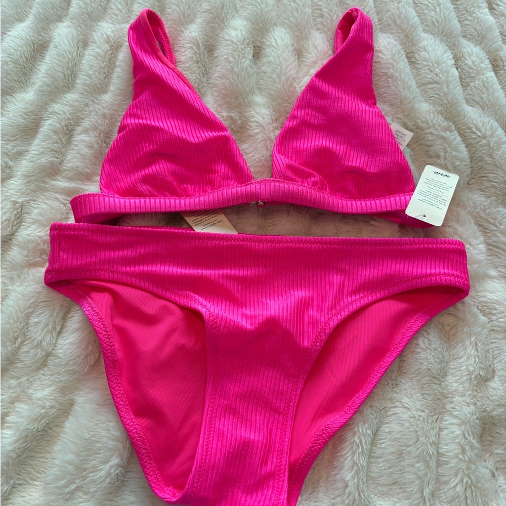 aerie Bright Pink Ribbed Triangle Bikini Set